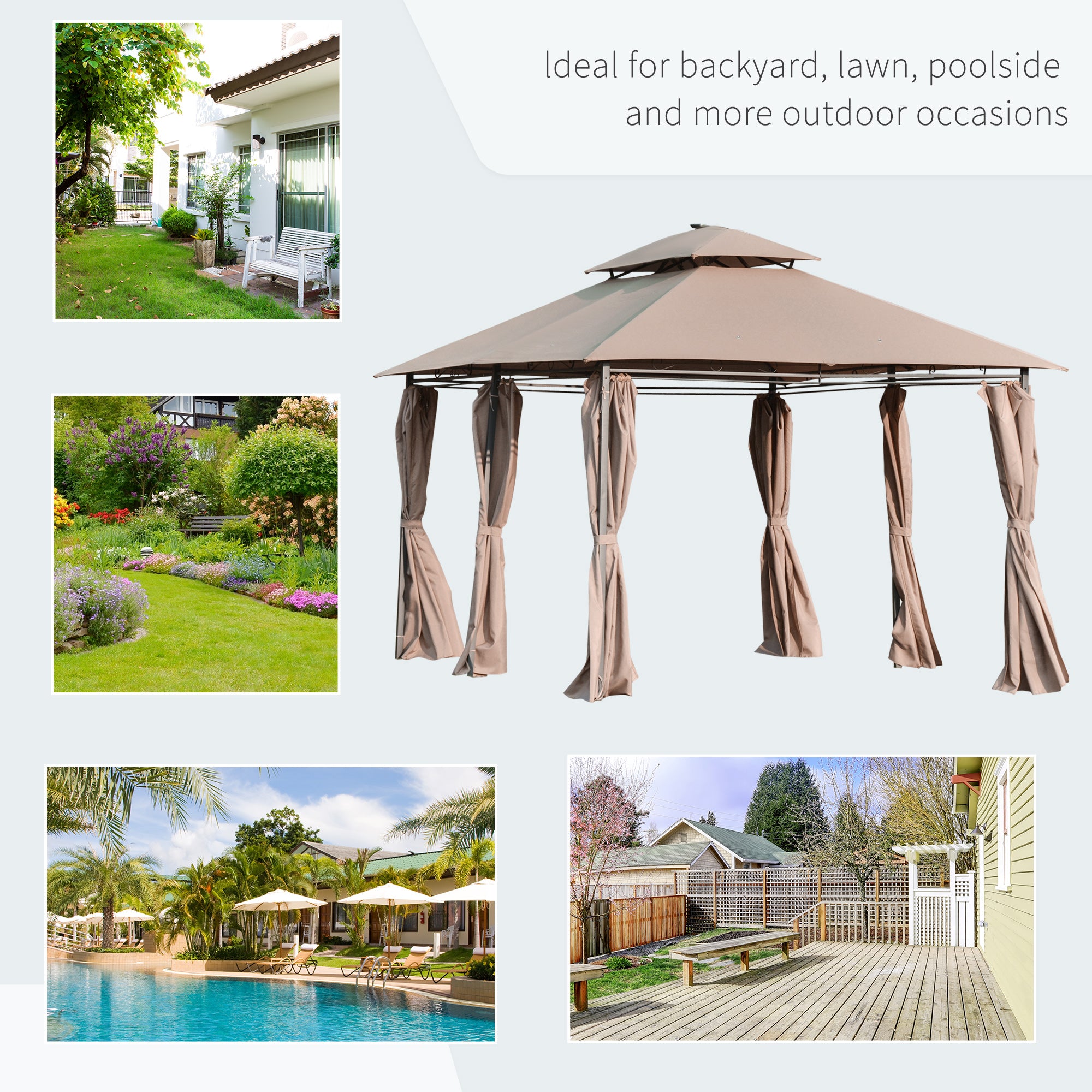 Outsunny 4 x 3(m) Outdoor Gazebo Canopy Party Tent Garden Pavilion Patio Shelter w/ LED Solar Light, Double Tier Roof, Curtains, Steel Frame, Khaki 
