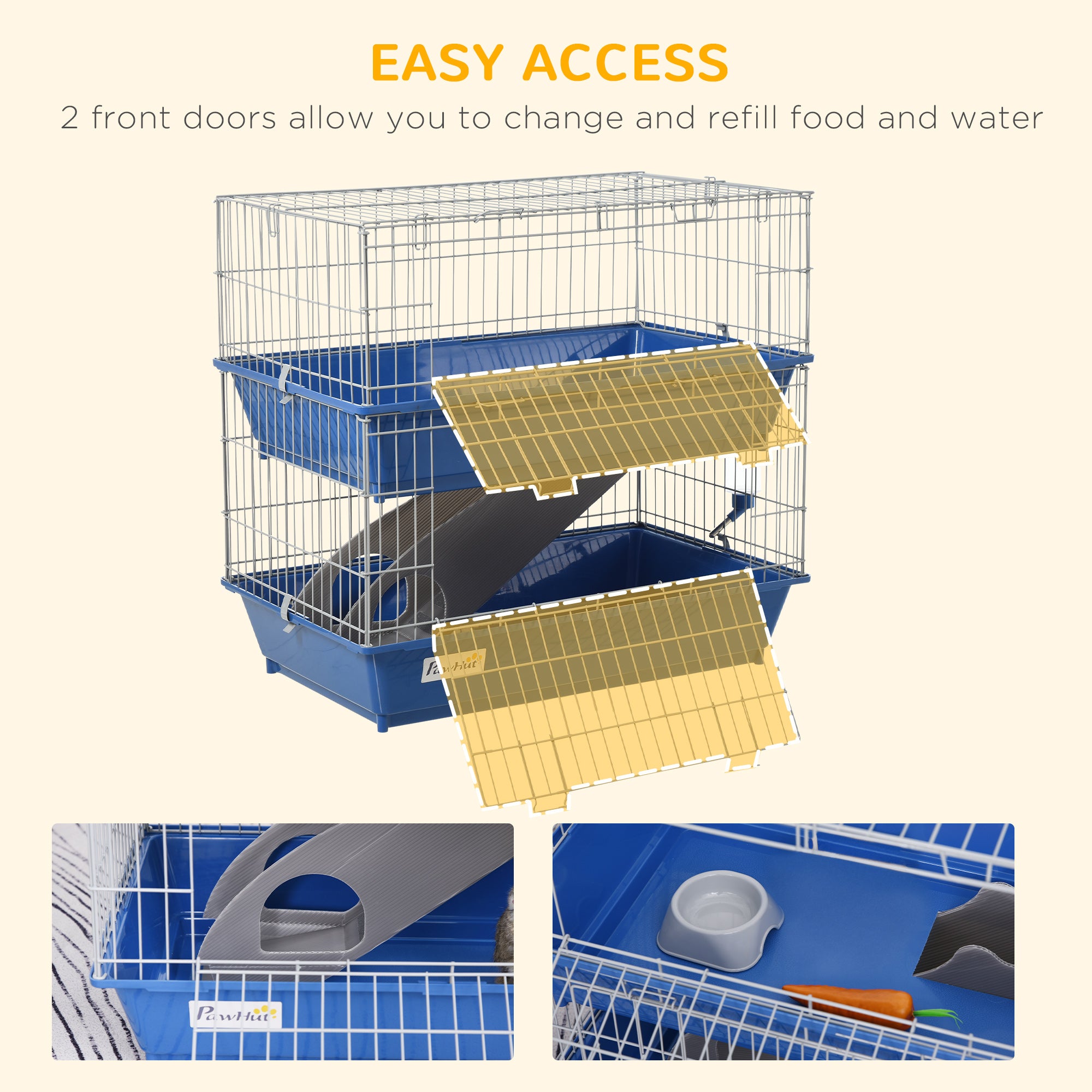 PawHut Double Tier Small Animal Cage Rabbit Chinchillas Cage w/ Ramp Food Dish Water Bottle Deep Trays Pet Home 72 x 44 x 67 cm 