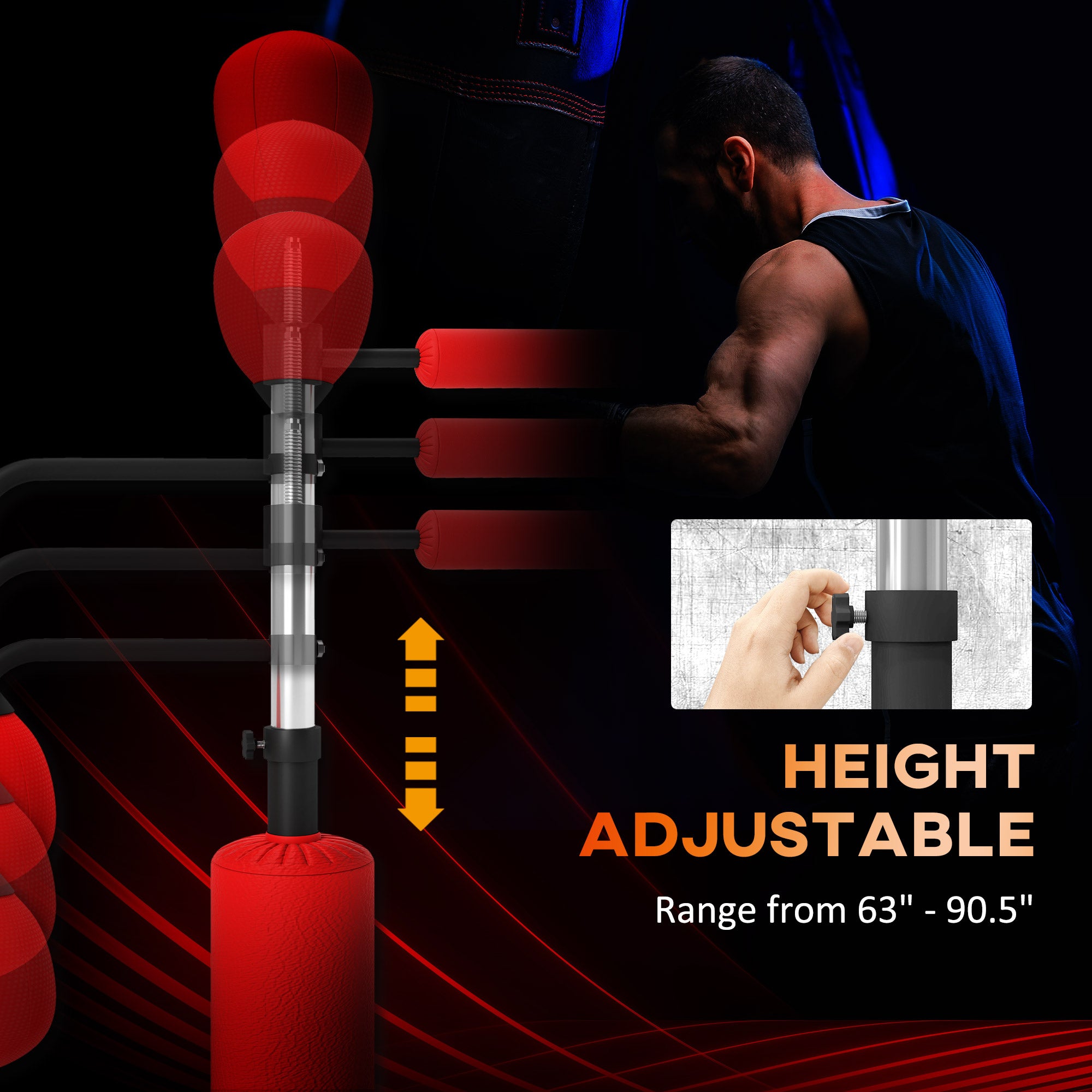 HOMCOM 3-in-1 Boxing Punching Bag, Freestanding with 2 Speed Bals, 360\'c2\'b0 Reflex Bar, 160-230cm Adjustable Height, Red