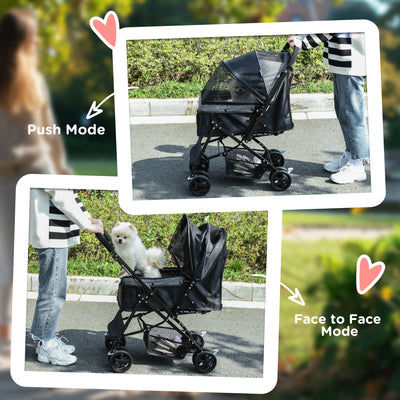 PawHut Pet Stroller Pushchair Foldable Travel Dog Cat Carriage w/ Reversible Handle Brake Basket 