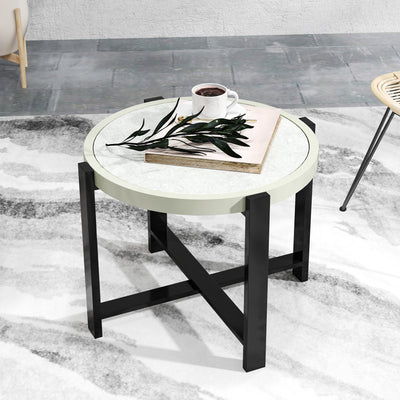 Outsunny Round Small Garden Table, 60cm Outdoor Side Table with Faux Marble Tempered Glass Top, Aluminium Frame for Garden, Patio, Balcony, Light Grey 