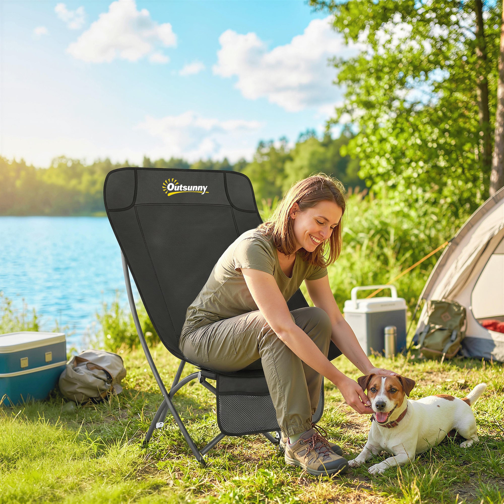 Outsunny Camping Chair for Adults Heavy Duty Folding Camp Chair with Side Pocket and Carry Bag Black 