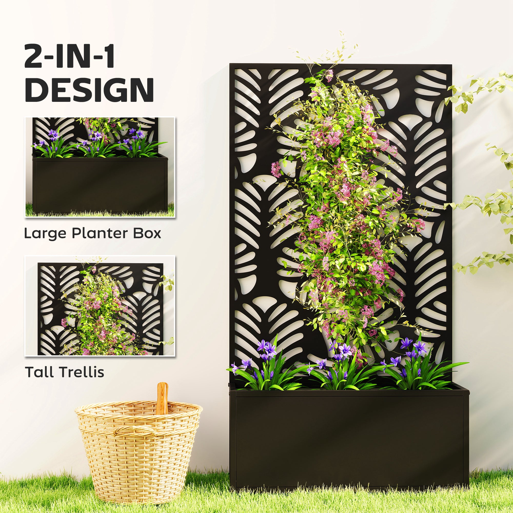Outsunny Metal Garden Bed for Garden with Trellis, Wall Mounted or Freestanding Raised Planter with Privacy Screen 