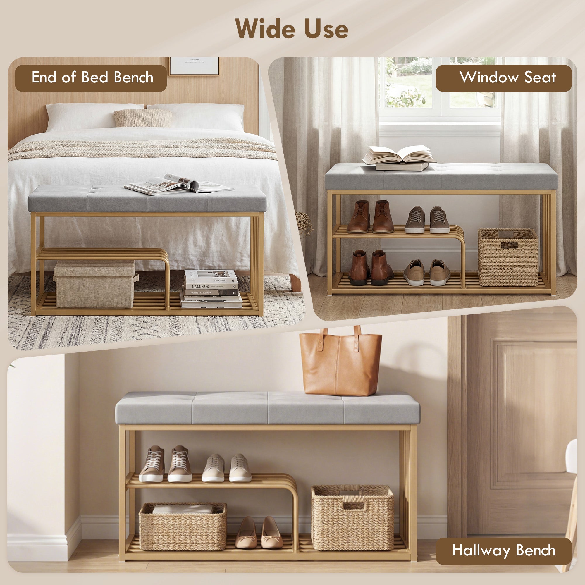 HOMCOM Bench and Shoe Storage, Tufted Shoe Storage Bench with Velvet Seat Cushion Gold Steel Frame for Entryway, Grey 