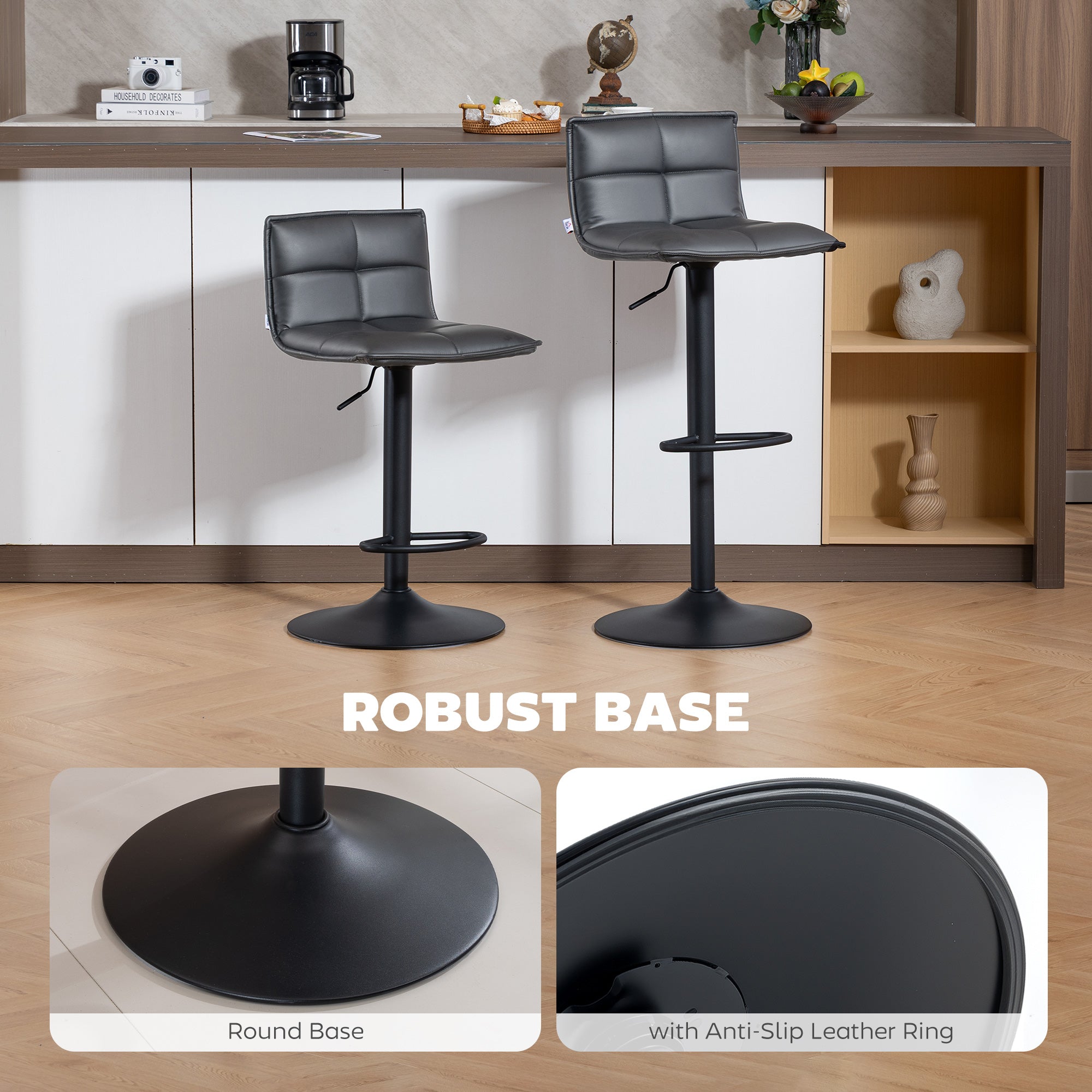 HOMCOM Set of Two Modern Faux Leather Bar Stools - Dark Grey 