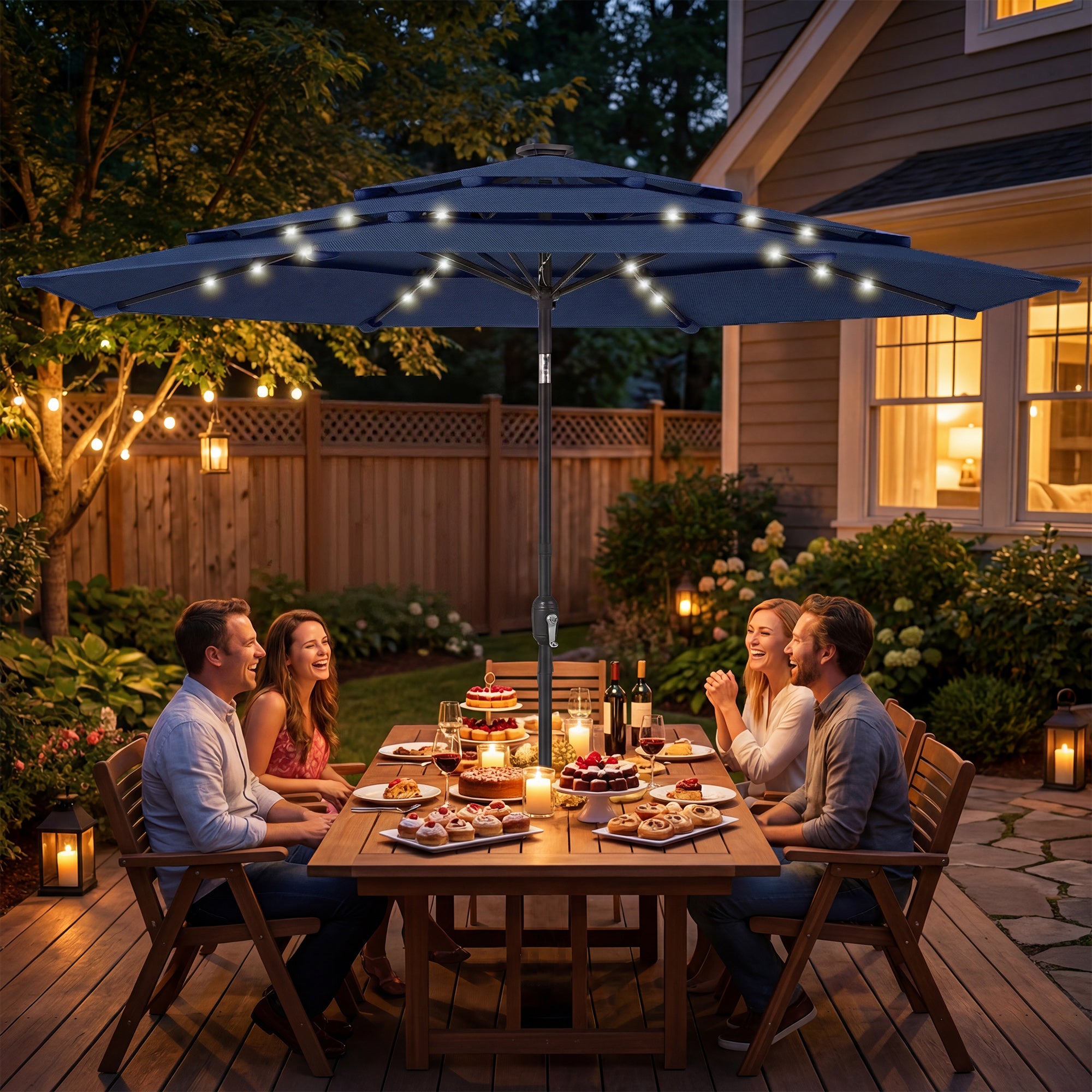 Outsunny 2.8 m Garden Parasol Umbrella with LED Solar Light, Parasol Cover, 3 Tier Outdoor Table Market Patio Umbrella, Navy Blue 