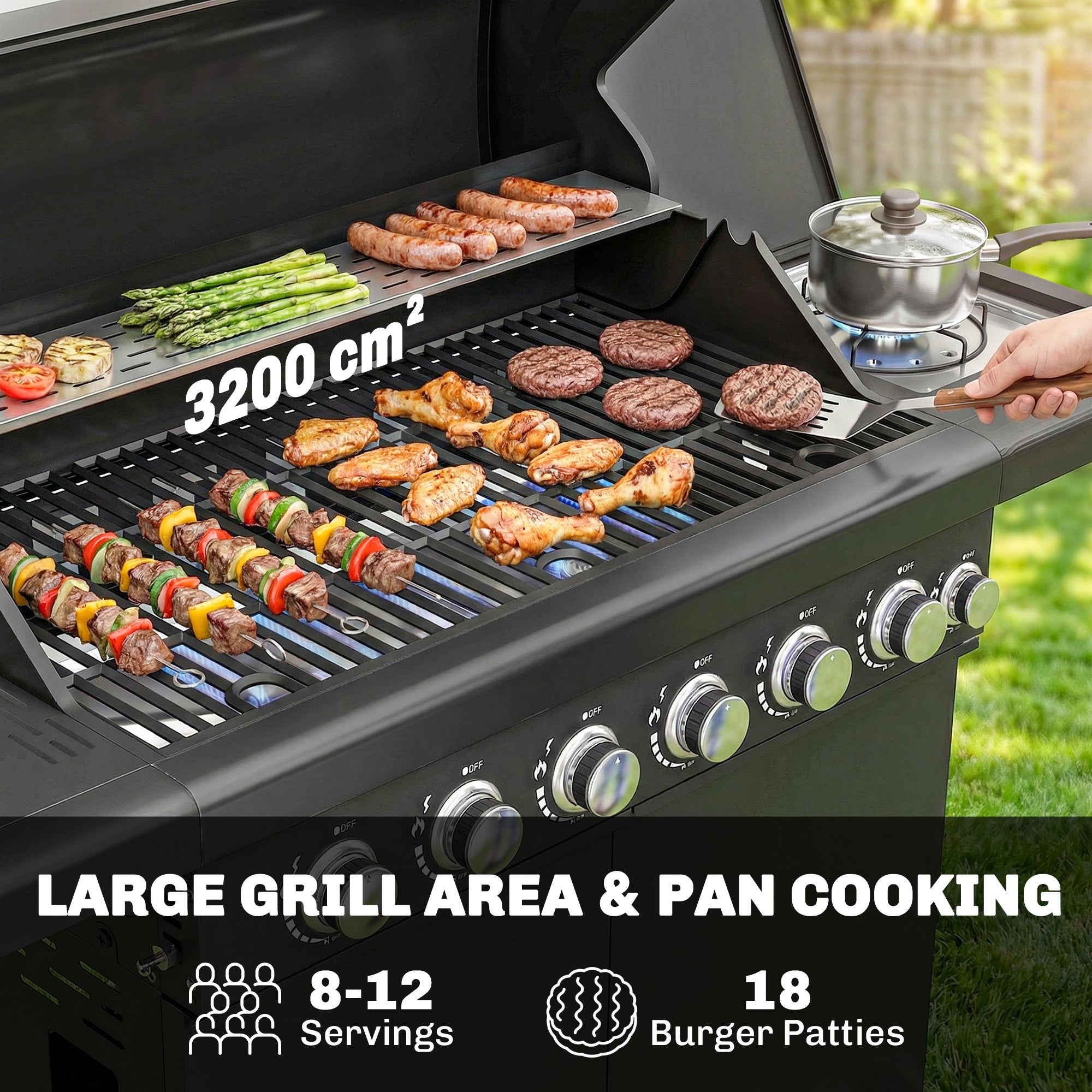 Outsunny 6+1 Burner Gas BBQ Grill, Outdoor Barbecue Trolley with Wheels, Warming Rack, Thermometer, Bottle Opener, Black 