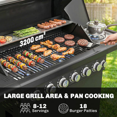 Outsunny 6+1 Burner Gas BBQ Grill, Outdoor Barbecue Trolley with Wheels, Warming Rack, Thermometer, Bottle Opener, Black 