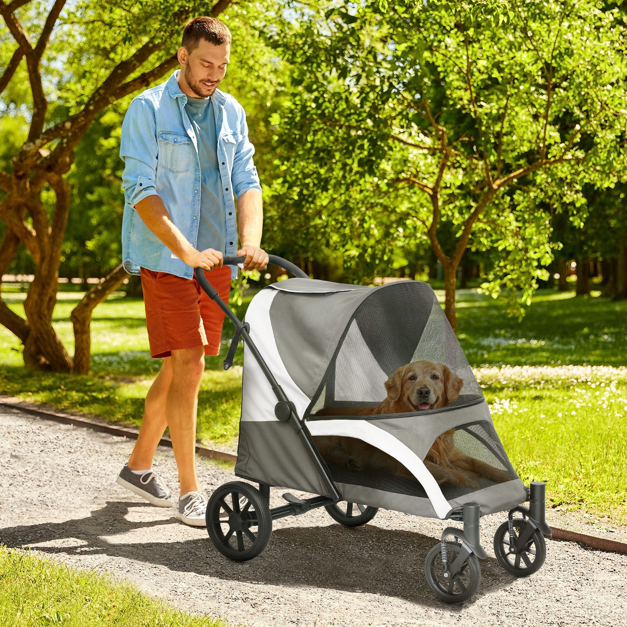 PawHut Easy Folding Pet Stroller for Large Dogs with 4 Big Wheels, Shock Absorb Frame, Safety Leashes, Brakes, Dark Grey 