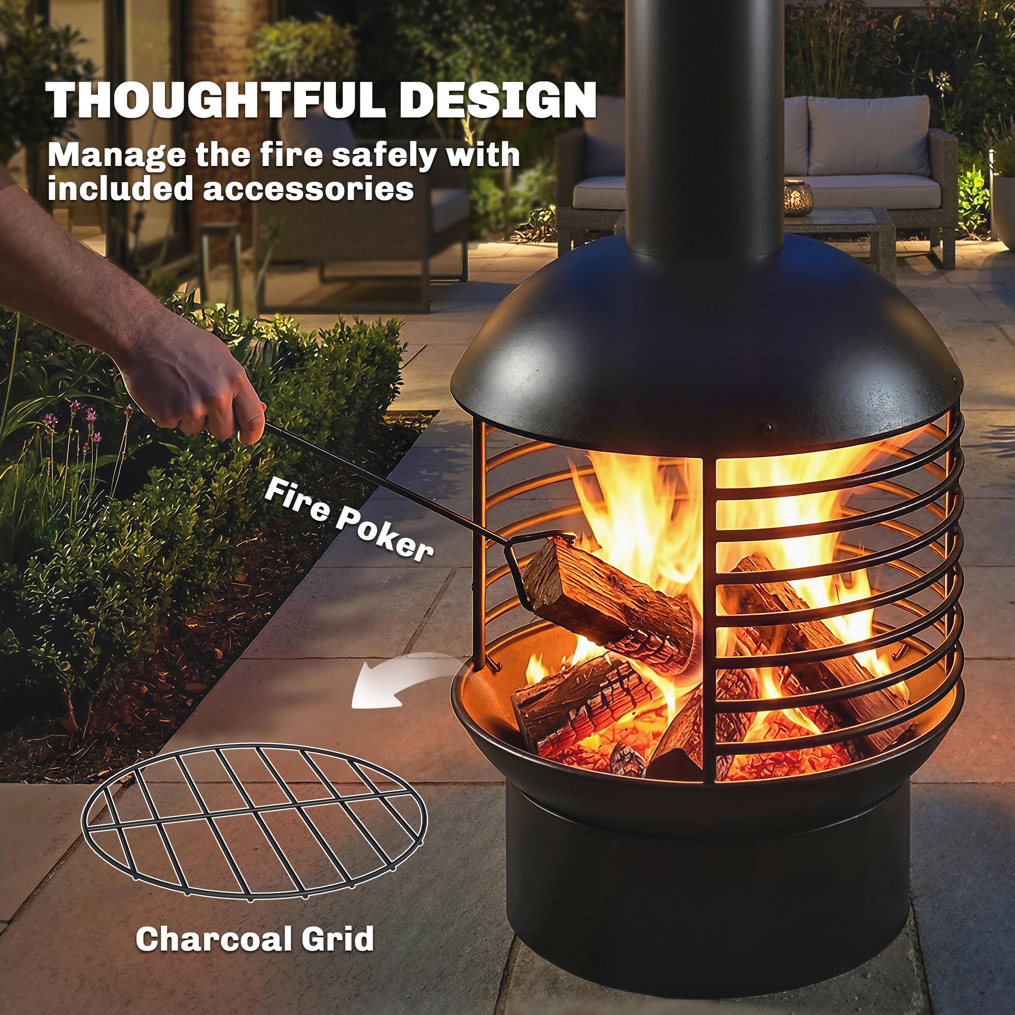 Outsunny Chimney Fire Pit, Portable Wood Burning Firepit with Poker, Charcoal Grid, Outdoor Fireplace for Garden Patio, Black 