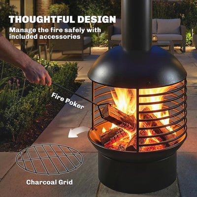 Outsunny Chimney Fire Pit, Portable Wood Burning Firepit with Poker, Charcoal Grid, Outdoor Fireplace for Garden Patio, Black 