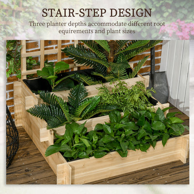 Outsunny 3 Tier Garden Planters with Trellis for Vine Climbing, Wooden Raised Beds, 95x95x110cm, Natural Tone 