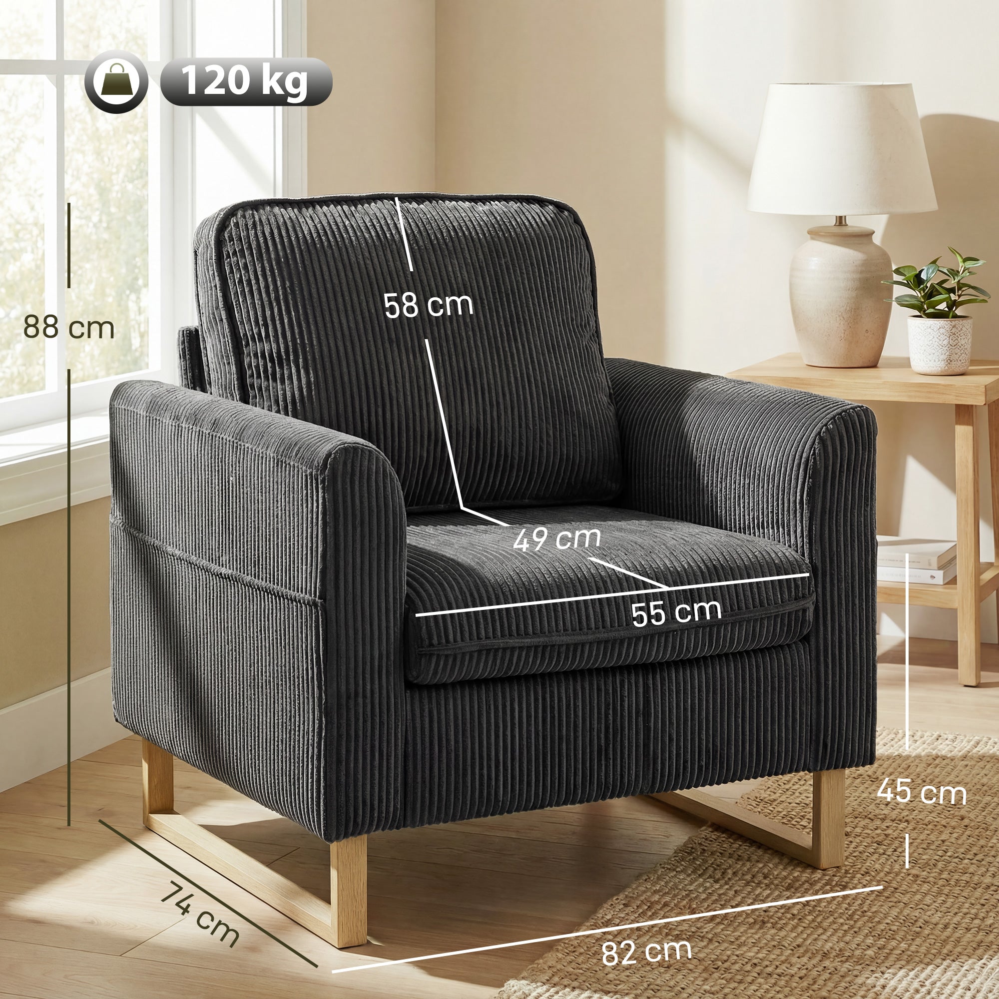 HOMCOM Accent Chair with Pocket Spring, Modern Industrial Armchair with Metal Legs for Livingroom Dark Grey 