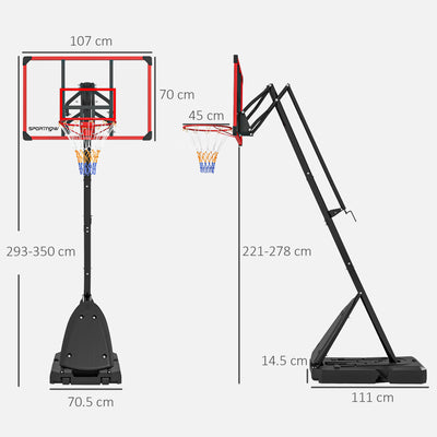 SPORTNOW 2.4-2.9m Adjustable Basketball Hoop and Stand with Weighted Base, Portable on Wheels, Red 