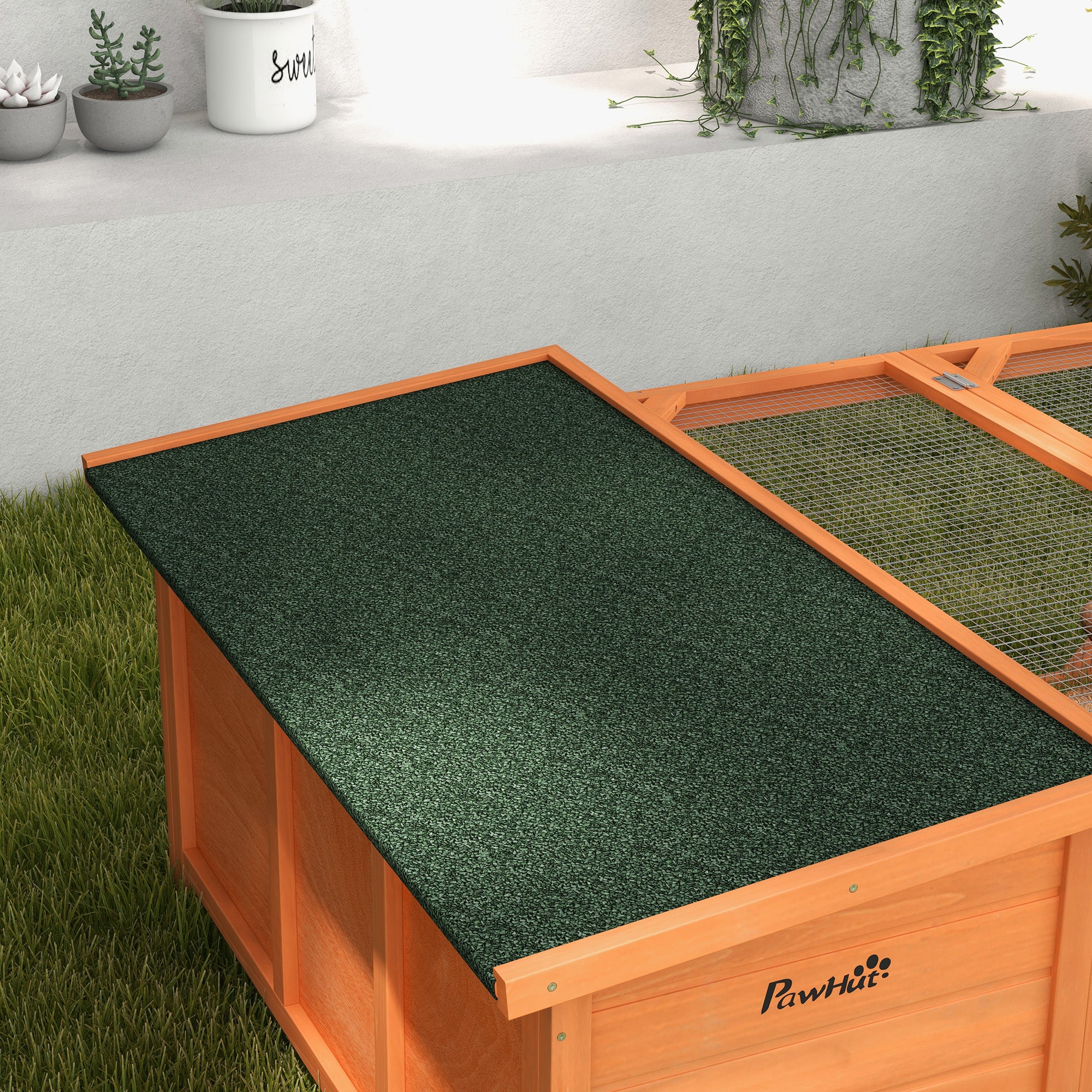 PawHut Rabbit Hutch Outdoor Guinea Pig Hutch with Run Small Animal Off-ground Duck House Hideaway Backyard with Openable Roof 125.5 x 100 x 49cm Orange 