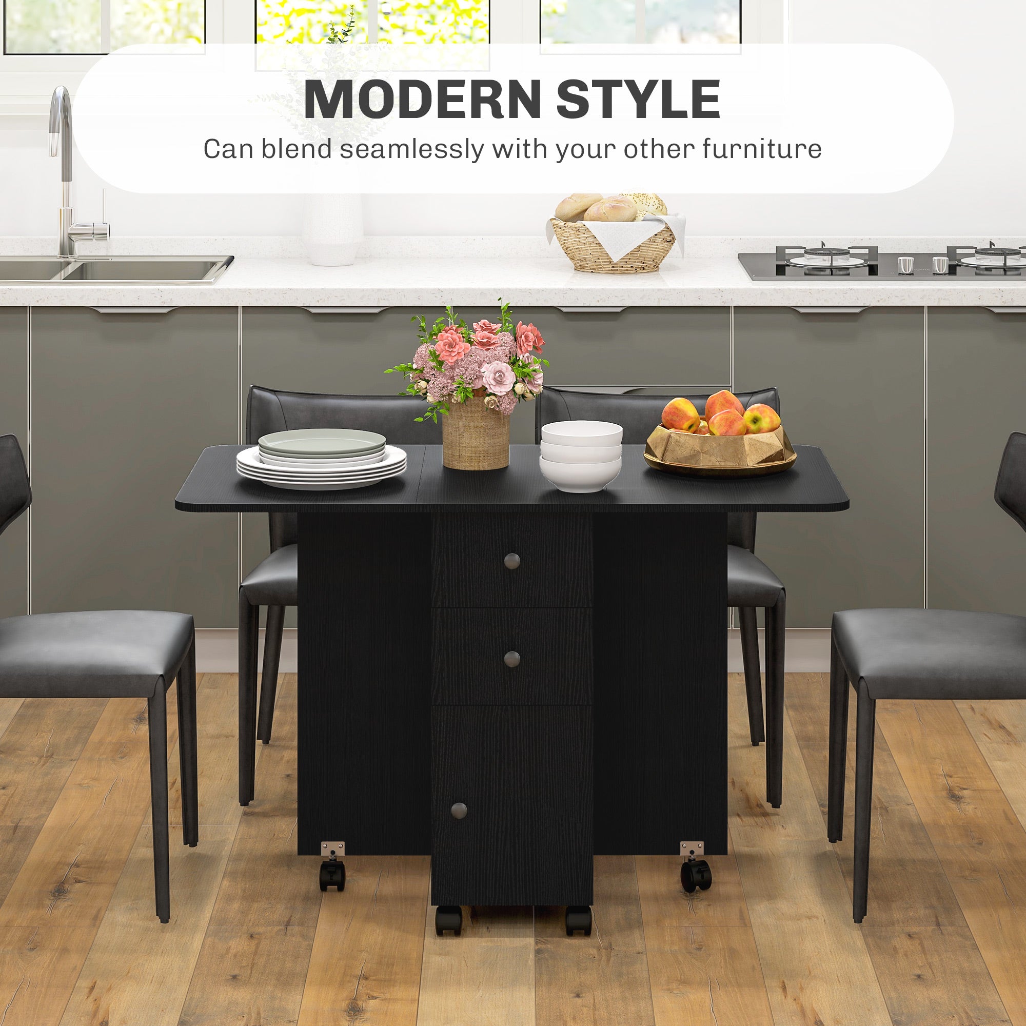 HOMCOM Multi-Storage Six-Person Drop Leaf Dining Table -  Distressed Black 