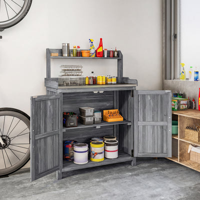 Outsunny Wooden Potting Bench Table with Aluminium Worktop, Outdoor Garden Workbench with Top Shelf and Cabinet Storage 