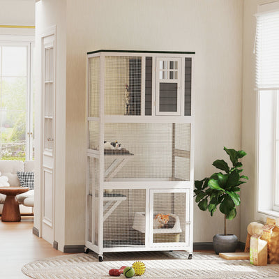 PawHut Wooden Catio Cat Outdoor Enclosure, Cat Cage with Waterproof Roof, Platforms, for Multiple Cats, White 