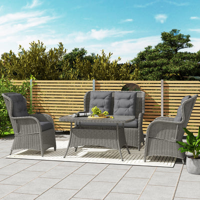 Outsunny Garden PE Rattan Dining Sofa Set, Outdoor 4 Seater Wicker Furniture, High Back Chairs with Cushions, Tempered Glass Coffee Table for Patio, Light Grey 