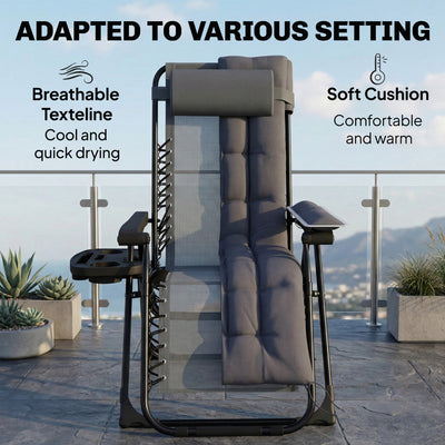 Outsunny Zero Gravity Chair, Folding Sun Lounger Reclining Garden Chair with Arm Pads, Cushion, Cup Holder, Headrest, Dark Grey 