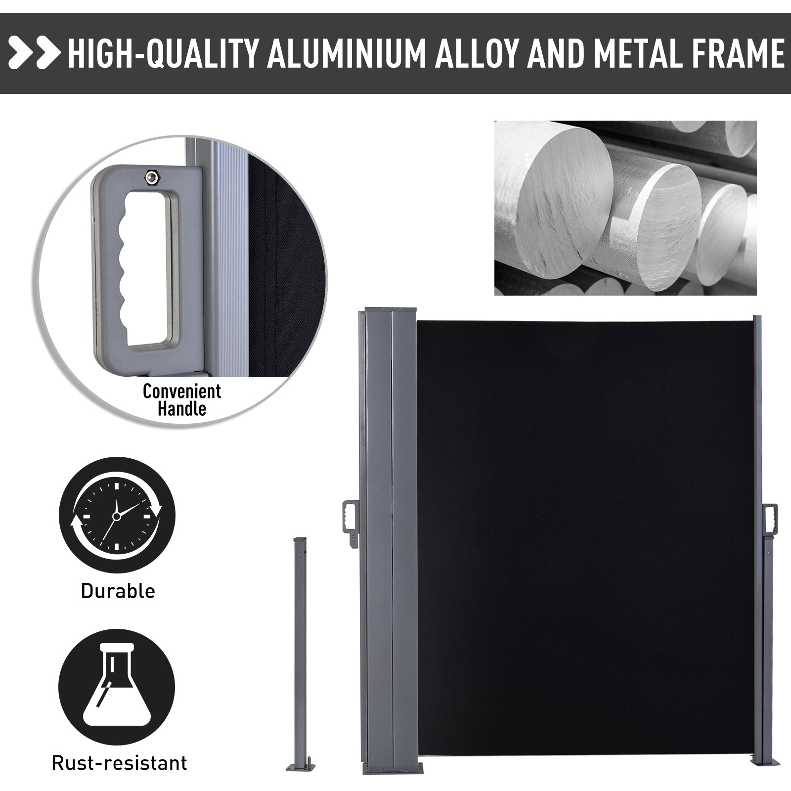 Outsunny 600 x 180 cm (HxL) Retractable Awning Double Canopy Side Privacy Protection Sun Shade Side Blind w/ Steel Frame Versatile Use In Garden Patio - Black 