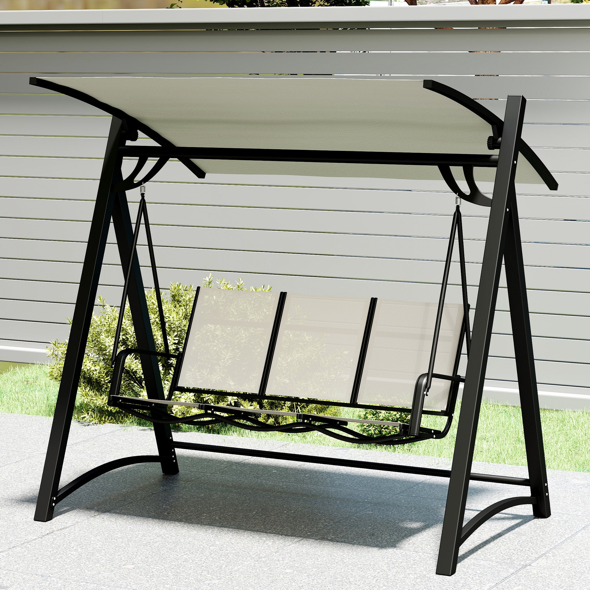 Outsunny 3 Seater Swing Chair, Garden Swing Bench with Adjustable Tilting Canopy, Breathable Mesh Seat 360 kg Capacity, White 