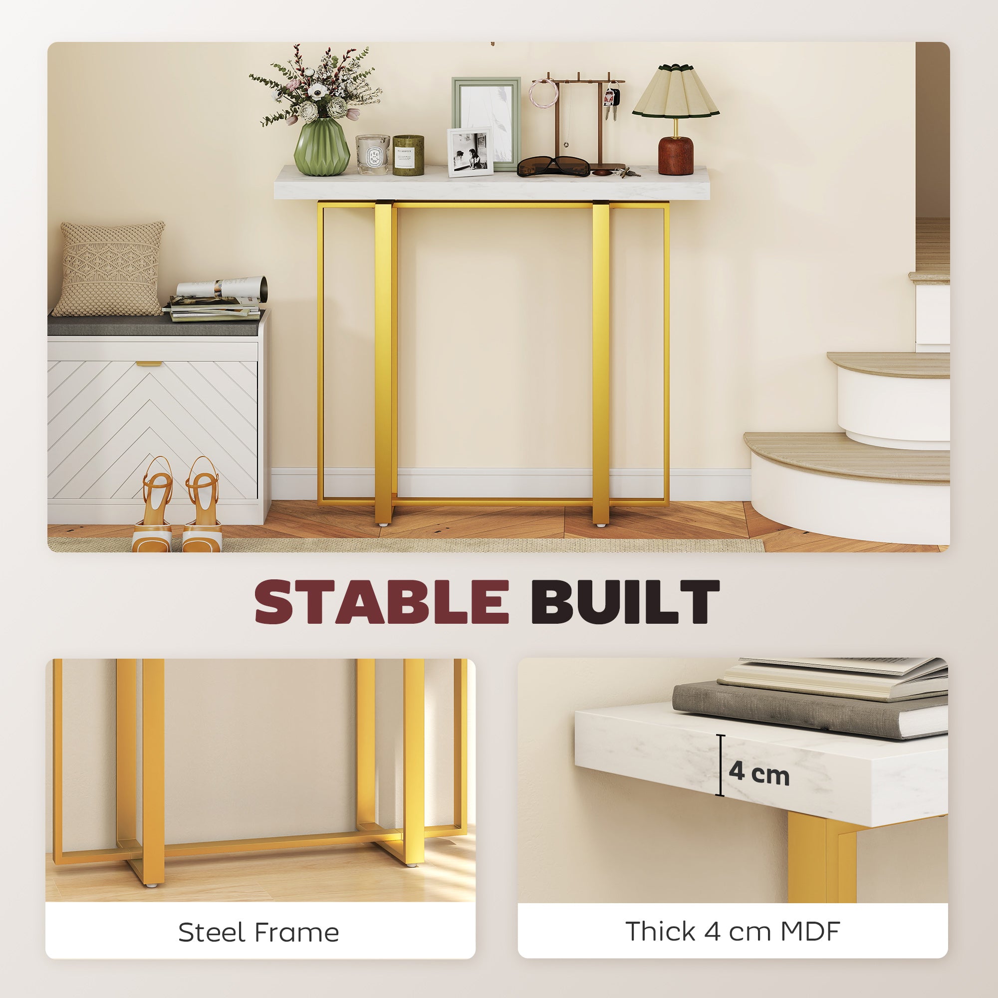 HOMCOM Console Table with Faux Marble Top, 100 cm Narrow Entryway Table with Anti-tipping Device, Steel Frame, White 