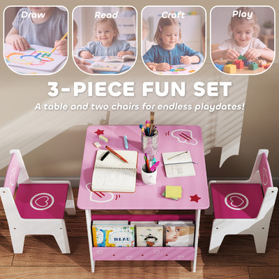 AIYAPLAY 3 Pieces Kids Table and Chair Set, Toddler Activity Table with Bookshelves, for Living Room, Nursery, Playroom, Pink 