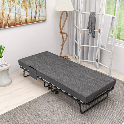 HOMCOM Single Steel Frame Folding Bed, with Wheels - Black/Grey 