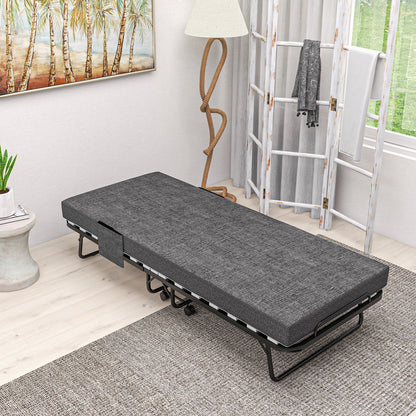HOMCOM Single Steel Frame Folding Bed, with Wheels - Black/Grey 