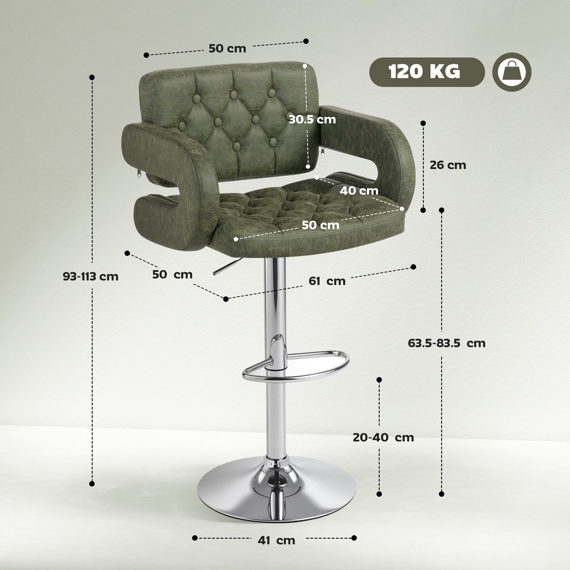 HOMCOM PU Leather Upholstered Swivel Bar Stool, Height Adjustable with Back, Armrest, Footrest, Green 