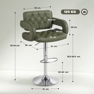 HOMCOM PU Leather Upholstered Swivel Bar Stool, Height Adjustable with Back, Armrest, Footrest, Green 