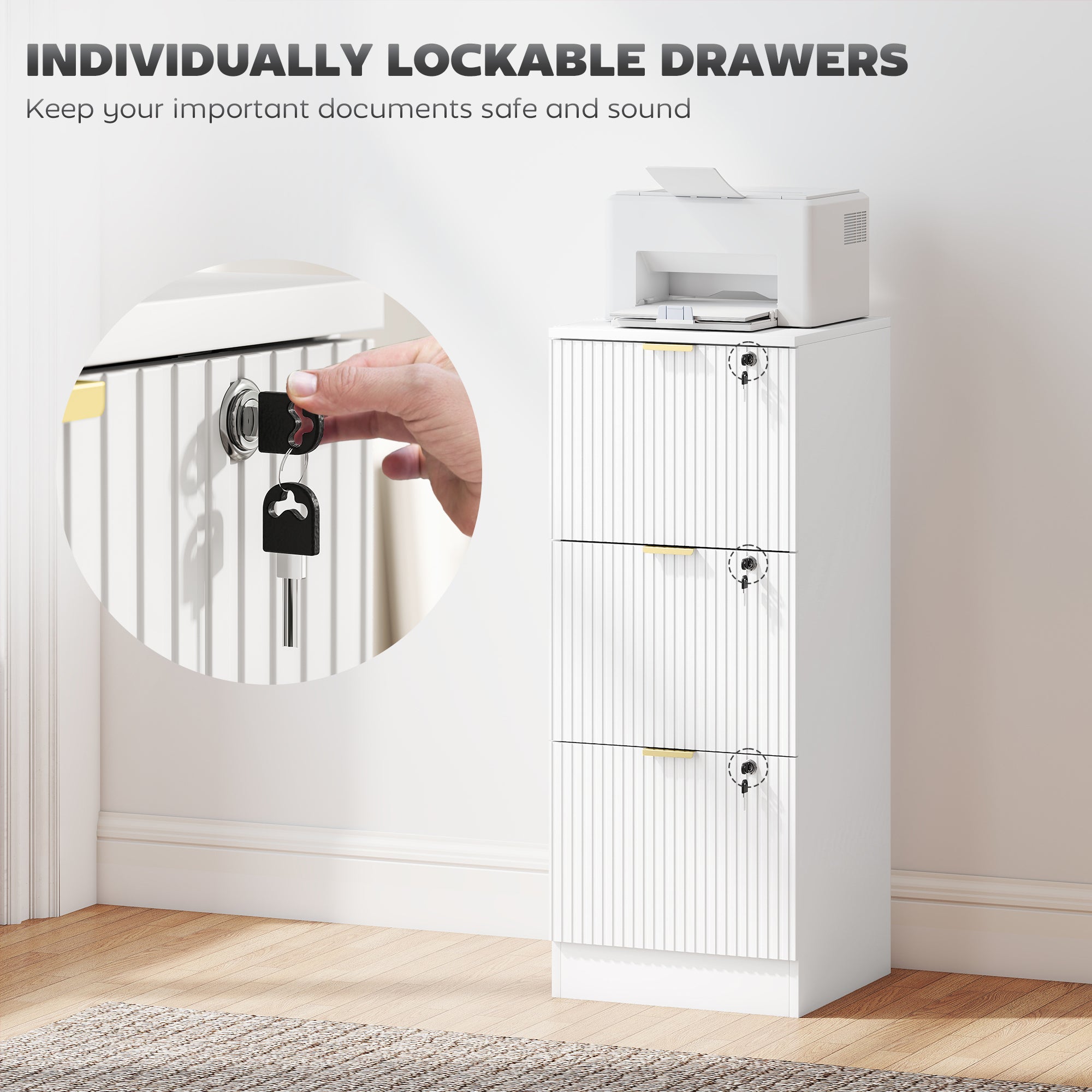 HOMCOM Filing Cabinet, Fluted Vertical File Cabinet with 3 Lockable Drawers and Hanging Rails, White 