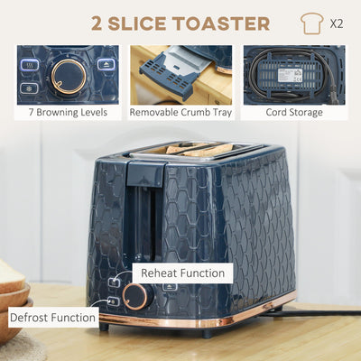 HOMCOM 1.7L 3000W Fast Boil Kettle & 2 Slice Toaster Set, Kettle and Toaster Set with Auto Shut Off, Browning Controls, Blue 