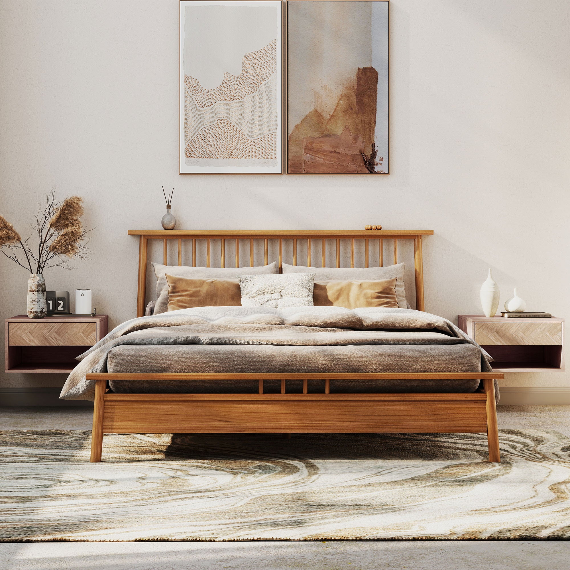 HOMCOM Set of Two Floating Bedside Tables - Natural Wood Finish 