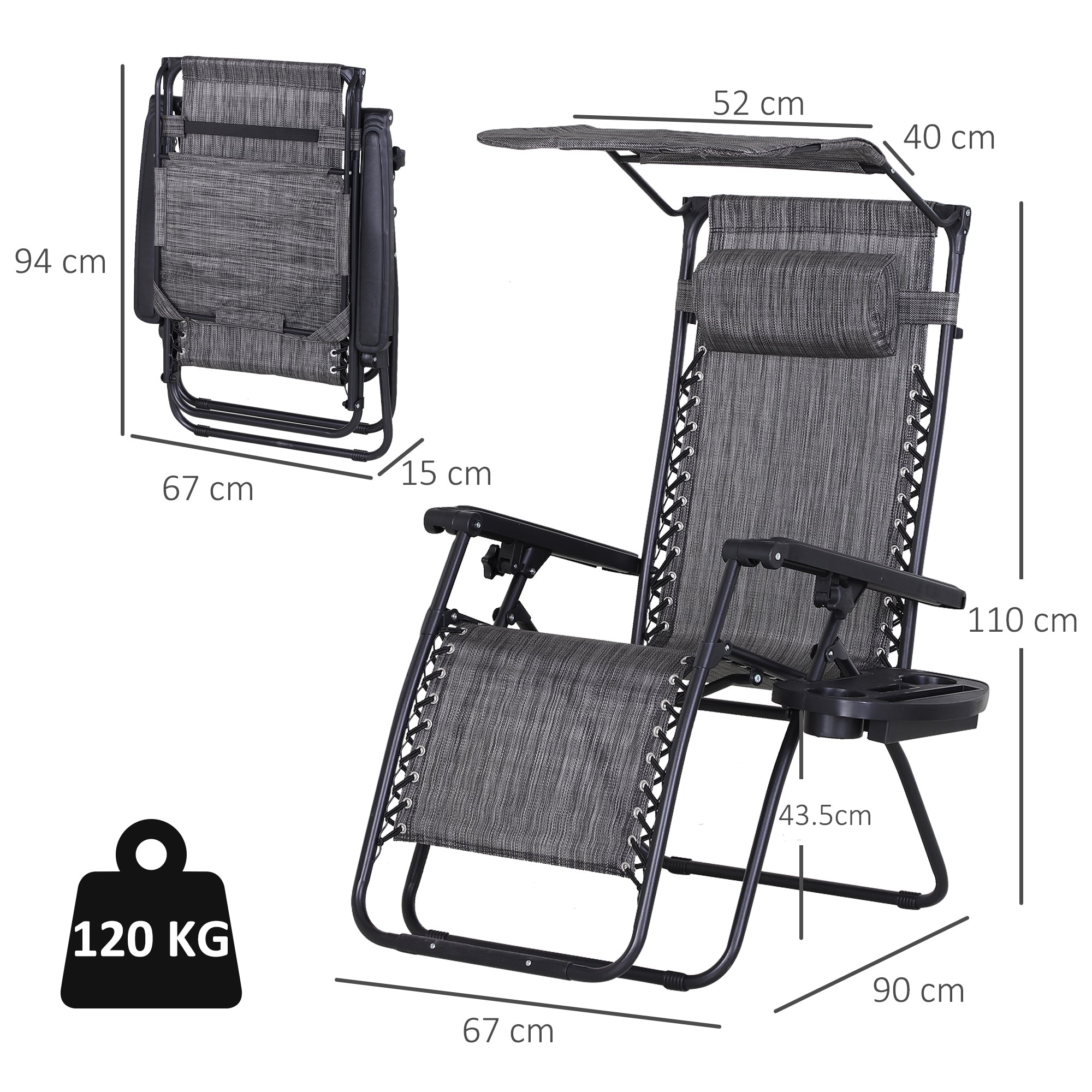 Outsunny Foldable Reclining Garden Chair with Headrest, Zero Gravity Deck Sun Lounger Seat Chair with Footrest, Armrest, Cup Holder & Canopy Shade, Grey 