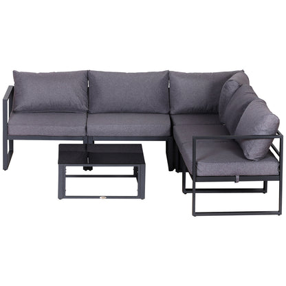Outsunny 6 PCs Outdoor Indoor Sectional Corner Sofa Set Thick Padded Cushions Aluminium Frame 5 Seaters 1 Coffee Table Grey 