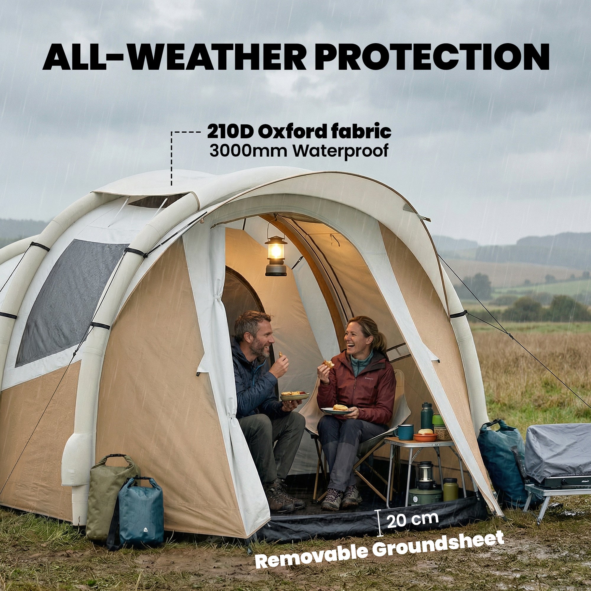 Outsunny Inflatable Camping Tent w/ Air Pump, Easy Setup 2-3 Person Blow Up Tent, Khaki 