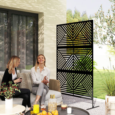 Outsunny Decorative Garden Privacy Screen with Stand, 6.5FT Freestanding Metal Outdoor Divider, Decorative Privacy Panel with Expansion Screws for Garden Pool Hot Tub, Rhombus Style, Black 