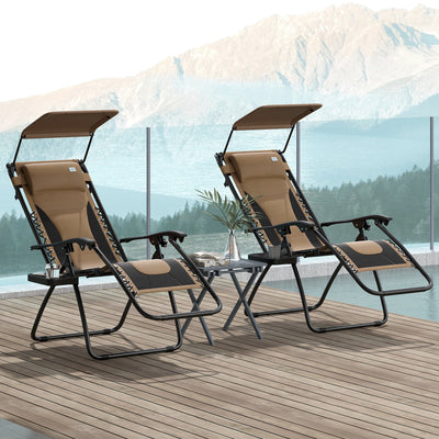 Outsunny Zero Gravity Lounger Chair Set of 2, Folding Reclining Patio Chair with Shade Cover, Cup Holder, Soft Cushion and Headrest for Poolside, Camping, Coffee 