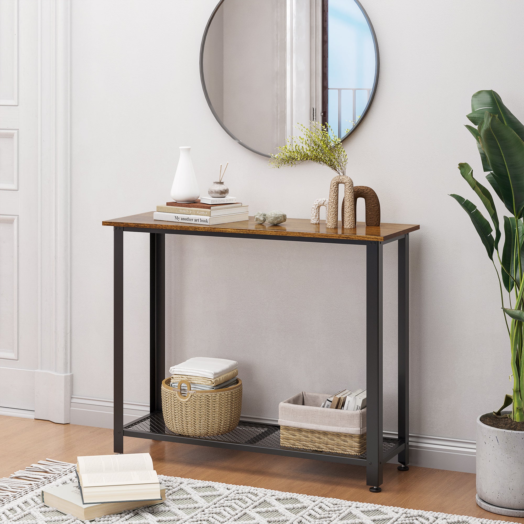 HOMCOM Industrial Console Table，Entryway Table w/Bottom Mesh Shelf Metal Frame Vintage Sofa Table for Hallway, Living Room, Rustic Brown 