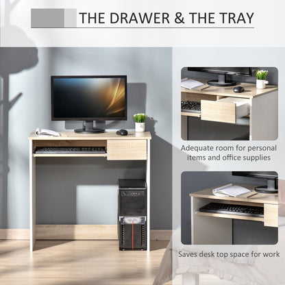 HOMCOM Compact Computer Desk with Keyboard Tray, Home Office Desk with Drawer for Bedroom Study, Oak Colour 