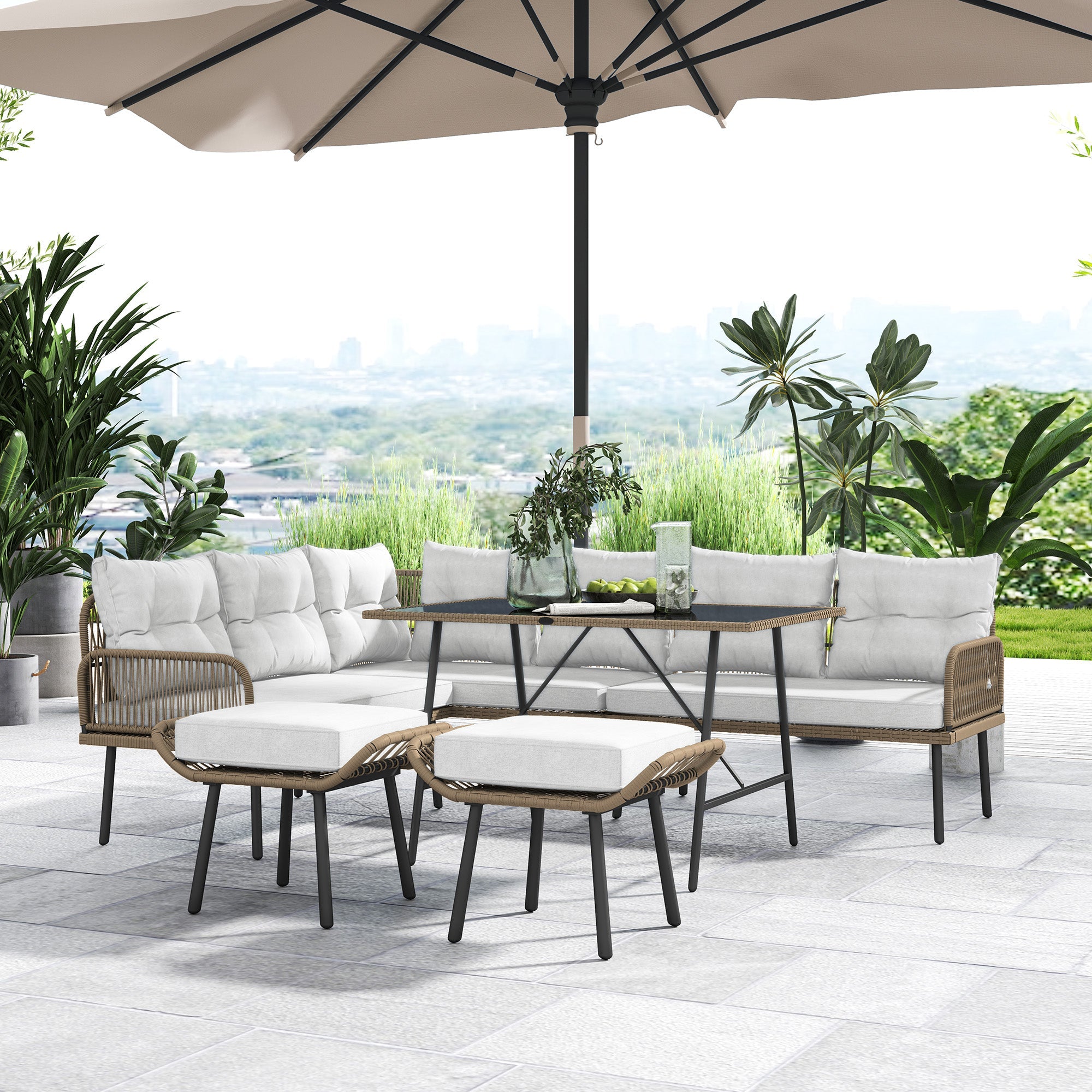 Outsunny 6 Piece Rattan Garden Furniture Set, 8 Seater Garden Corner Sofa with Cushions and Glass Top Table, Sectional Outdoor Furniture Conservatory Set for Patio, Cream White 