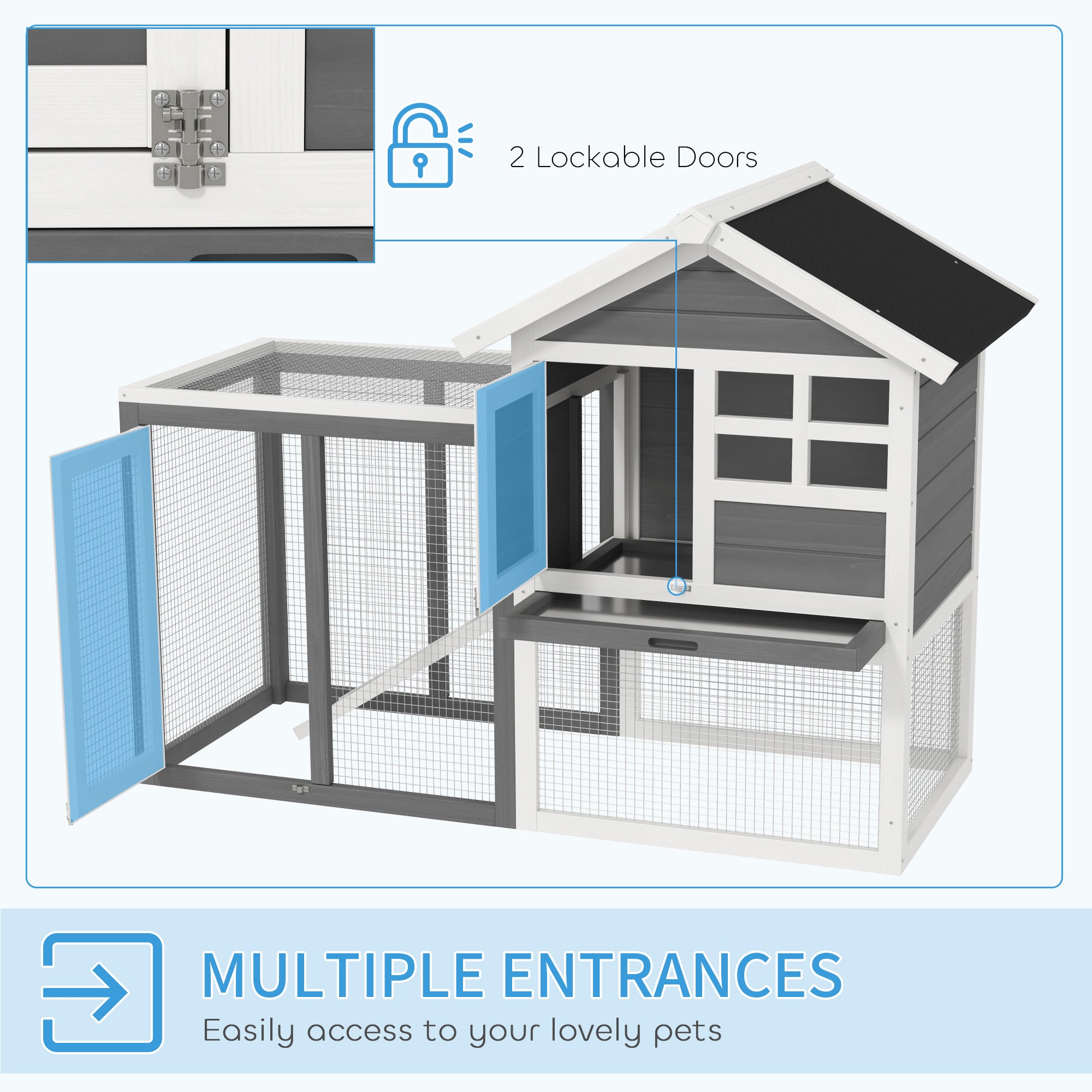 PawHut Rabbit Hutch Outdoor Wooden Guinea Pig Hutch Rabbit Run Bunny Cage Small Animal House Pull-Out Tray, Grey, 122 x 62.6 x 92 cm 