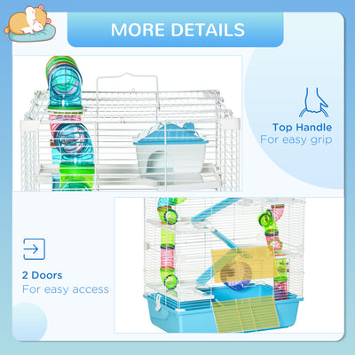 PawHut Hamster Cage w/ Water Bottle, Exercise Wheel, Tubes, Ramps - Light Blue 