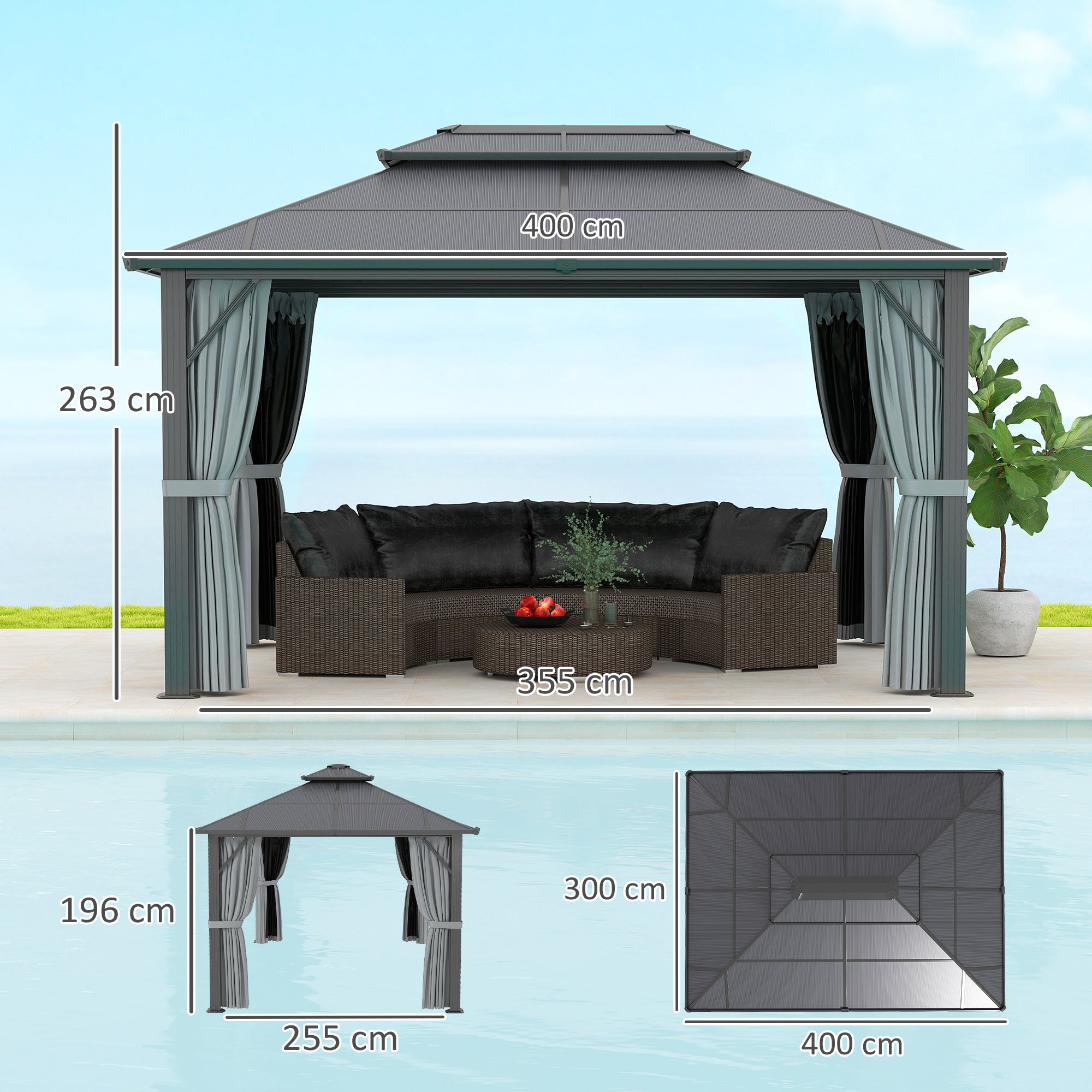 Outsunny 3 x 4m Hardtop Gazebo Canopy with UPF30+ Double Polycarbonate Roof, Aluminium Frame Garden Gazebo Permanent Pavilion with Mosquito Netting and Curtains for Patio, Deck, Grey