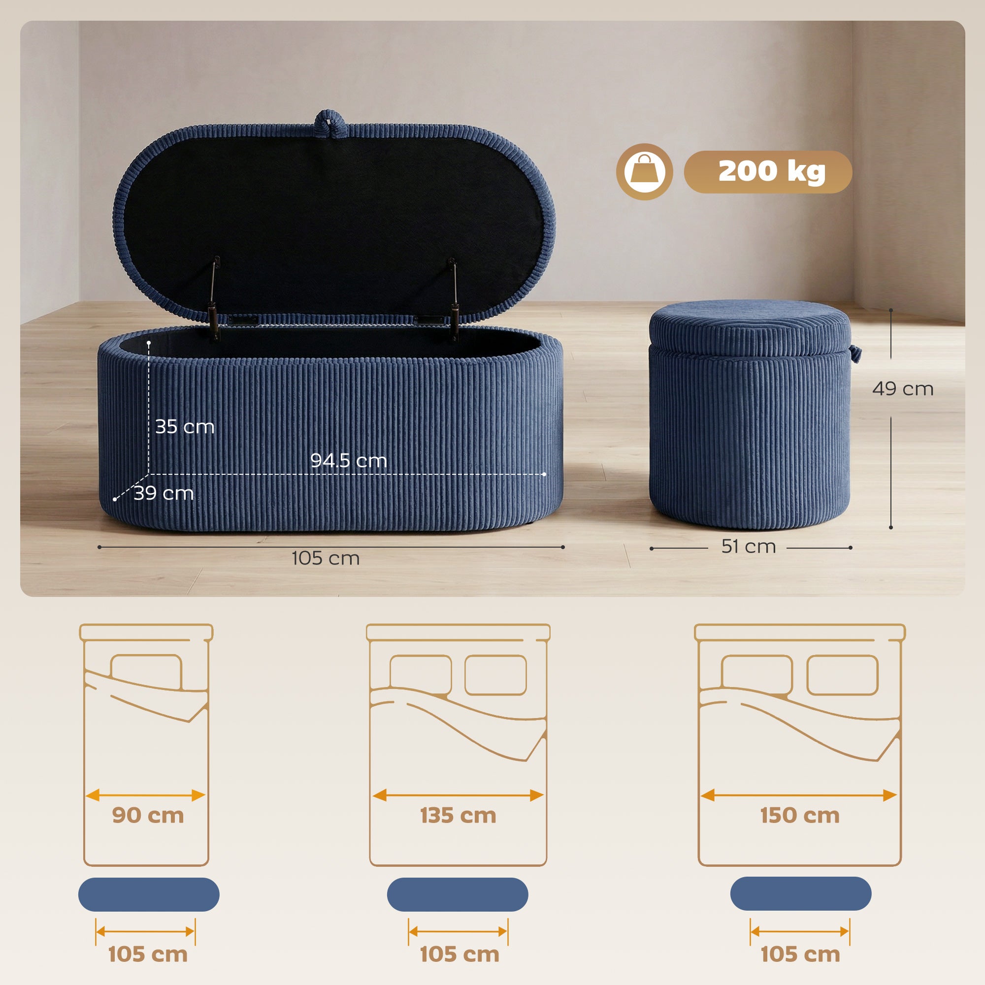 HOMCOM Storage Ottoman, Corduroy Upholstered Ottoman Storage Box with Padded Seat, 105 x 51 x 49 cm, Blue 