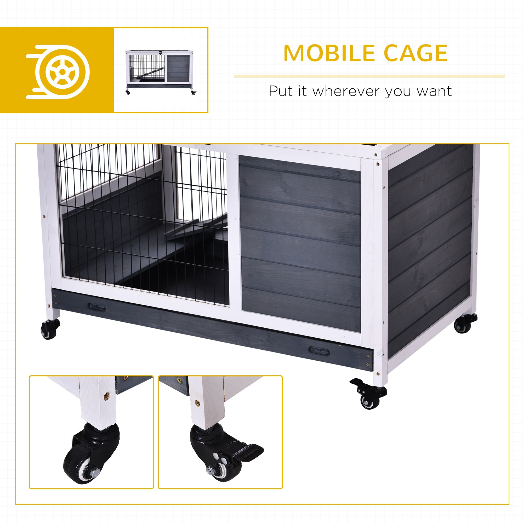 PawHut Wooden Guinea Pig Hutch, 2-Floor Bunny Cage w/ Enclosed Run Area, Grey 