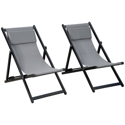 Outsunny Set of 2 Folding Garden Beach Aluminium Frame Deck Chairs Deckchairs Seaside Folding Garden Patio Lounger, Grey 