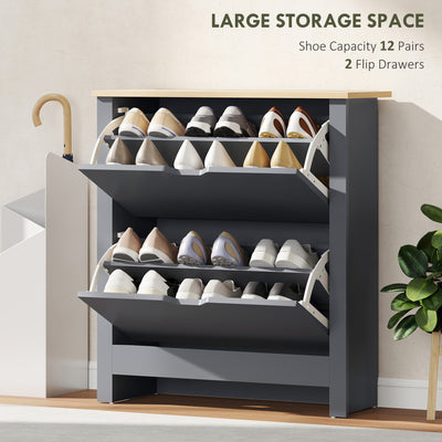HOMCOM Slim Shoe Cabinet, Narrow Shoe Cupboard with 2 Flip Drawers, Adjustable Shelves for 12 Pairs of Shoes, Charcoal Grey 